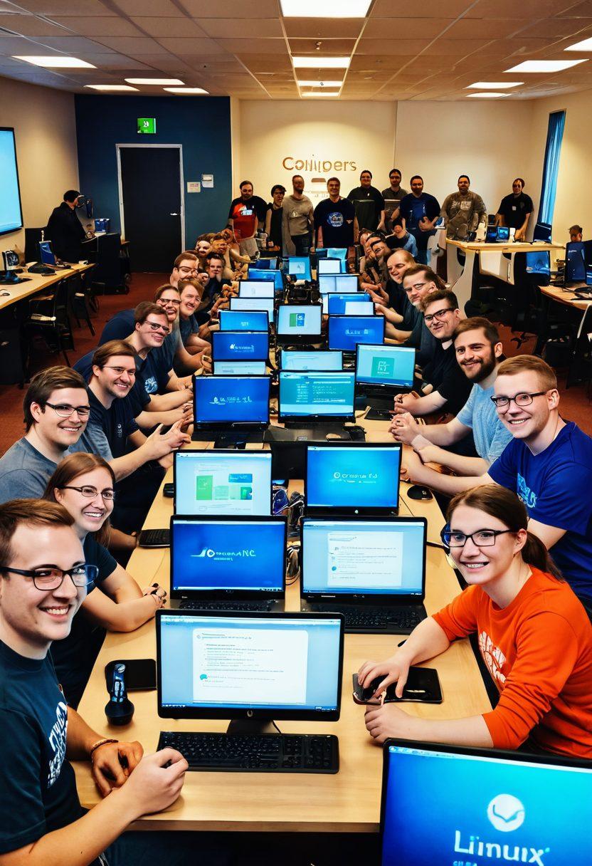 A diverse group of people enthusiastically collaborating in a bright, tech-themed workspace filled with Linux logos and code snippets on screens. A large banner above reads 'Join Our Happy Community!' with smiling faces and thumbs up all around. Include elements like laptops, coffee mugs, and community posters showcasing various Linux distributions. The atmosphere should be vibrant and inviting, reflecting camaraderie and expertise. colorful illustration. vivid colors. 3D.