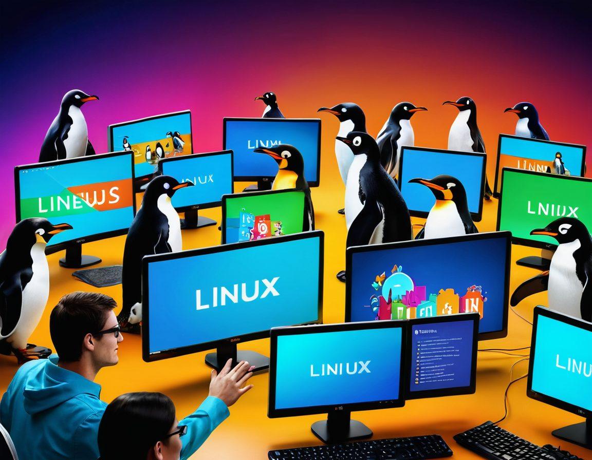 A vibrant and diverse group of individuals joyfully collaborating around a large computer screen displaying the Linux logo, with various Linux-based elements like penguins, code snippets, and colorful graphics around them. The atmosphere is warm and inviting, showcasing teamwork and support, with a soft background of a tech-savvy workspace. super-realistic. vibrant colors. 3D.