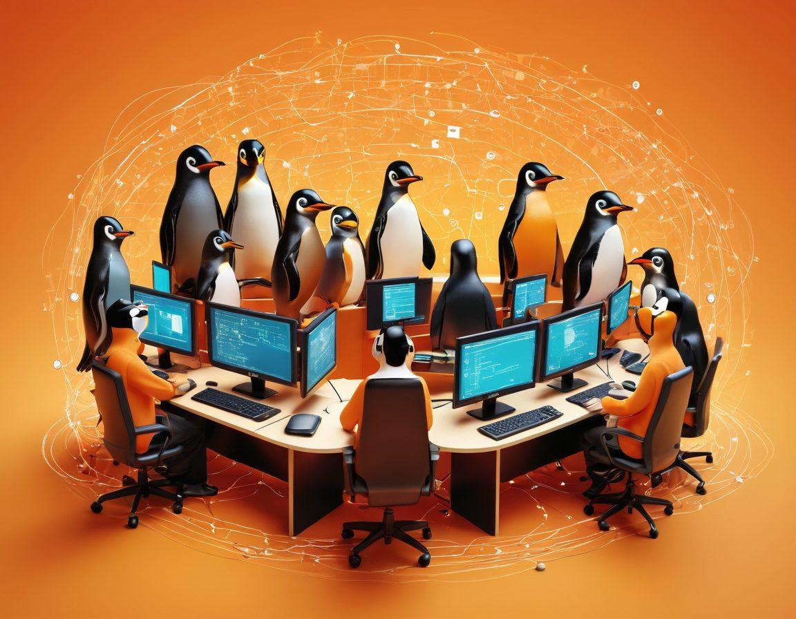 A vibrant digital collage depicting a mix of Linux terminal commands, network diagrams, and enthusiastic individuals troubleshooting computer issues. The background features iconic Linux mascots and abstract representations of data flow and connectivity, conveying a sense of community and learning. Include a warm color palette to evoke enthusiasm and focus. super-realistic. vibrant colors. 3D.